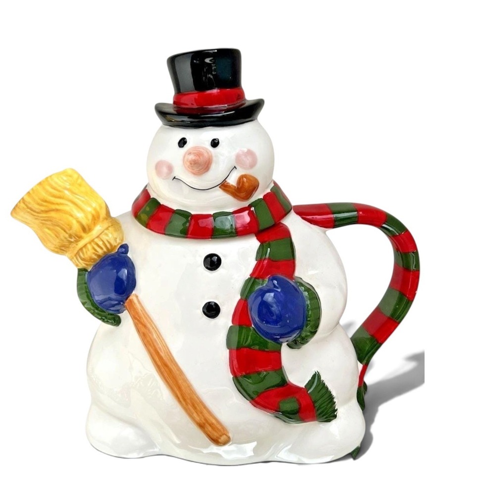 Snowman Teapot Ceramic Christmas Top Hat Broom Spout Striped Scarf Handle Decor